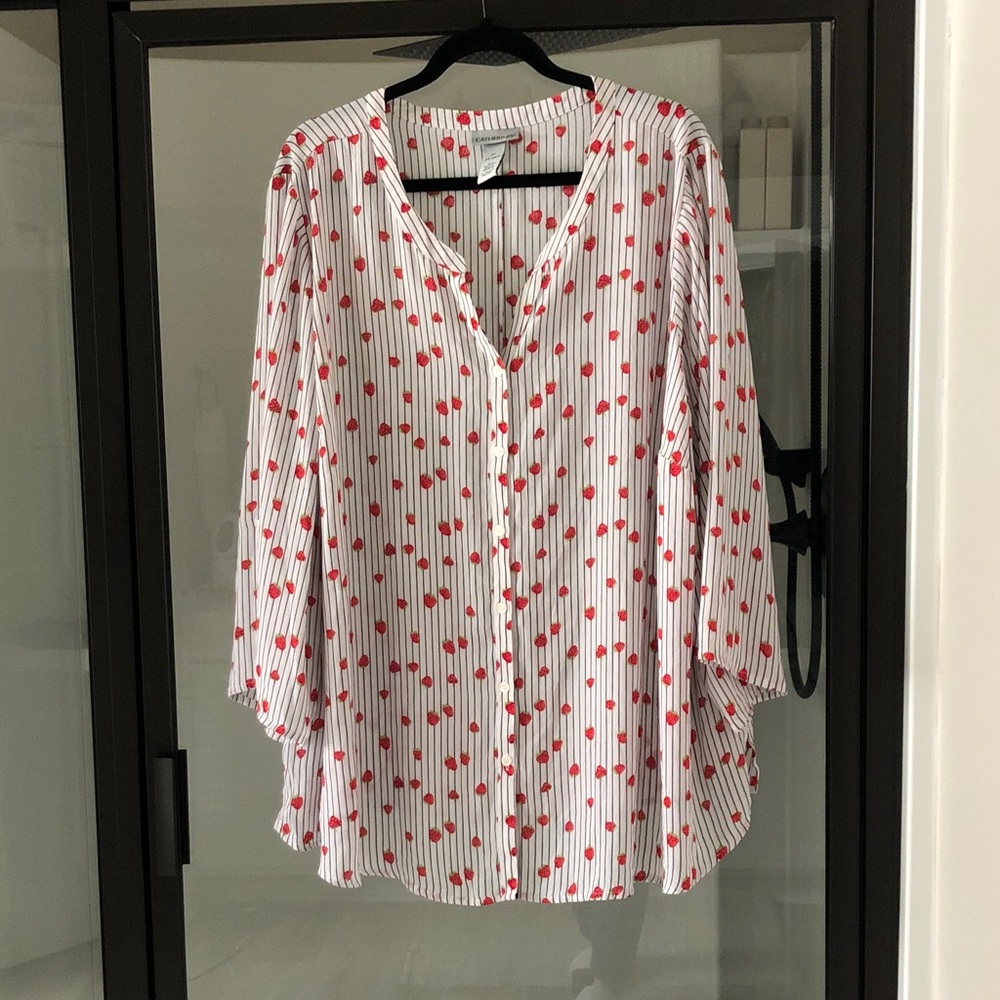 Catherines White Red Strawberry with striped print blouse 3X novelty quirky
